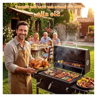 XXL Holzkohlegrill mit Deckel, großer Kohlegrill für Balkon, Garten, Outdoor, Barbecue-Grill inklusive 71 × 43 cm Grillrost, Thermometer, Küchenzange und Grillhandschuhe