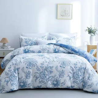 BOLINLIVING Bettwäsche-Set mit Blumenmuster, King-Size-Größe, 3-teilig, Blumen-Bettbezug mit 2 Kissenbezügen, weiches Blumen-Bettwäsche-Set, Weiß und Blau für alle Jahreszeiten, atmungsaktiv,