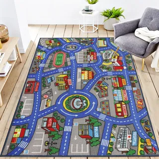Capslpad Autoteppich Kinder 100x160cm rutschfest Kinderteppich Stadtplan Interaktiver Spielteppich Waschbar Kreativ Pädagogisch Spielmatte für Kinder Teenager Kinderzimmer Spielzimmer Dekor, Blau
