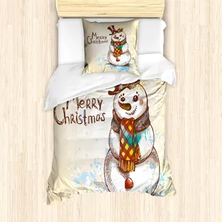 ABAKUHAUS Schneemann Mantele, Xmas-Sketch, Milbensicher Allergiker geeignet mit Kissenbezügen, 135 cm x 200 cm - 80 x 80 cm, Creme Braun Blau - Creme
