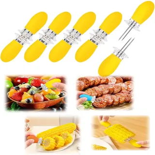 Maiskolben Spieße,10 Stück Maiskolbenhalter,Verbrühungs- und rutschfester Silikongriff,Edelstahl Maiskolben Halter,Food Fruit Forks für Zuhause Kochen Mais Hot Dogs Barbecue Gartenparty Gelb