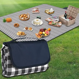 YAOMAISI Große Picknickdecke,300x200cm,große Stranddecke,Campingdecke,mit Griff,wasserdichter Boden, maschinenwaschbar,Faltbare Outdoor-Wanderdecke,Tragbar (Blaues Gitter)