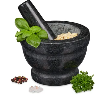 Relaxdays Granit Mörser mit Stößel Ø 14 cm 400 ml grau