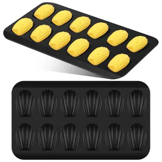 JUNFEIFLUX 2er Set Madeleines Backform, 12 Mulden, Antihaft-Karbonstahl | Schwarze Muschelform aus Karbonstahl mit Antihaftbeschichtung. Perfektes Kuchenblech für Kekse, Schokolade und Gebäck.