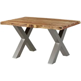 MASSIVMOEBEL24.DE Baumtisch Sheesham 140x90x77 natur sandgestrahlt / X-Beine silber matt FREEFORM 5