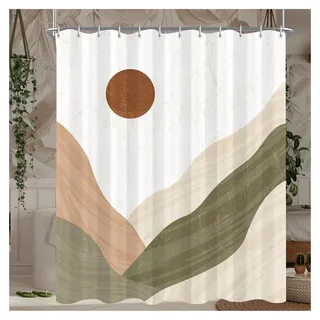 Duschvorhang 180x200 cm mit Bergen und Sonne, beschwerter Saum, antischimmel, wasserabweisend, waschbar, Polyester, mit 12 Ösen und Duschvorhangringen für Badezimmer und Badewanne