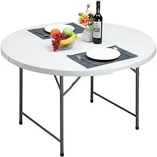 HollyHOME Klapptisch Rund 122cm Tisch Klappbar Gartentisch Wetterfest Campingtisch Tragbarer Balkontisch Klappbarer Esstisch für Küche BBQ Catering Party, Weiß