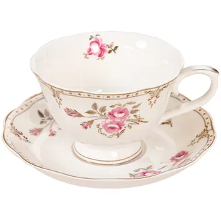fanquare 220ml Kaffee Tee Tasse und Untertasse Set, Hellrosa Kaffeetasse mit Goldrand, Vintage Porzellan Teetasse