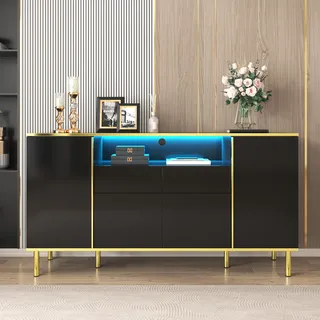 Merax Sideboard hochglanz mit LED-beleuchtung, Kommode mit goldenen Rahmen, Anrichte mit 4 Türen, Sideboard Schrank 150x40x80cm, Schwarz - Schwarz
