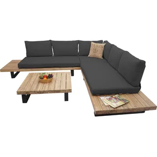 Garten-Garnitur HWC-H54, Garnitur Sitzgruppe Lounge-Set, Spun Poly Akazie Holz MVG Alu  hellbraun, Polster dunkelgrau - Grau