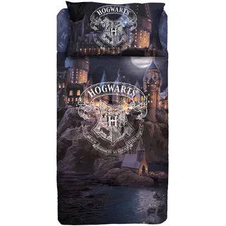 Harry Potter Bettwäsche-Set für Einzelbett, aus Baumwolle, Oberlaken, Spannbettlaken und Kissenbezug, 100% Baumwolle, offizielles Produkt