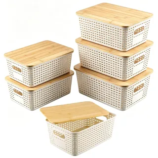 JIEHIN 6 Stück Aufbewahrungsbox mit Bambus Deckel, 25x18x10cm Weiß Aufbewahrungsbox Kunststoff Plastik Box Rattan Korb, Stapelbar Aufbewahrungskorb mit Griff für Küche Badezimmer