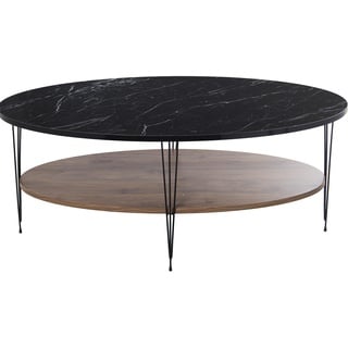 DRW Ovaler Couchtisch mit Ablage aus Holz und Metall in Schwarz, Marmor-Effekt, 109 x 59 x 45 cm, Regal 99 x 49 x 1,8 cm