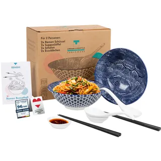 Urban Lifestyle Ramen Schüssel Dinner Set 2 Personen aus Porzellan 20cm Füllmenge 0,8-1 L Suppenschale Salatschüssel Suppe Schüssel Bowl Ramen Nudeln Müslischalen Pho Suppe Bowl Schüssel (Seigaiha)