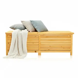 Melko Auflagenbox Gartenbox Kissenbox mit Deckel 140x52x46 cm Holz Braun | viel Platz für Polster und Gartenzubehör, imprägniert, rostfreie Beschläge, Belüftungsschlitze, für Terrasse und Balkon