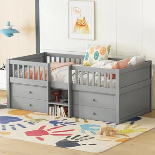 Merax Hochbett, Halbhohes Bett 90x200 cm, mit 4 Schubladen, Sicherheitsgeländer & Leiter, Kinderbett, Jugendbett, ohne Matratze, Grau - Grau