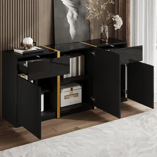 okwish Sideboard Hochglanz-Oberfläche Kommode mit Goldfarbenen Zierelementen Beistellschrank mit Schubladen mit Türen Für Wohnzimmer Und Esszimmer Aus MDF In Schwarz - Schwarz