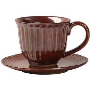 MAGICVOGEL Cappuccino Tasse mit Unterteller Steingut Espressotasse 160ml Kaffeetasse Vintage Porzellan Teetasse Mokkatasse für Zuhause Büro Café (Dunkel-Rot)