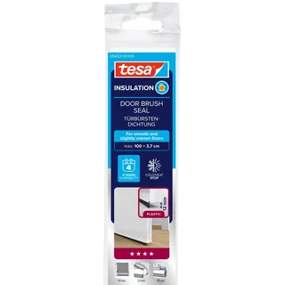 tesa INSULATION Türdichtschiene für glatte Böden - Selbstklebende Türdichtung zum Schutz vor Zugluft - Weiß - mit Bürstendichtung bis 12 mm