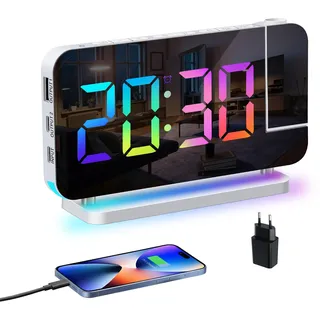 Venchin Wecker Digital: Projektionswecker 180°Projektor, Tageslichtwecker mit Netzteil USB-A & USB-C Ladeanschluss Snooze 12H/24H DST 7,4" LED Tischuhr Modern Digitaluhr Kinder