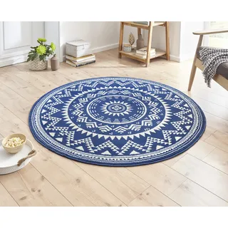 HANSE HOME Teppich Valencia Rund – Mandala Teppich Kurzflor Modern Vintage Teppiche für Esszimmer, Wohnzimmer, Kinderzimmer, Flur, Schlafzimmer, Küche – Blau Creme ø140cm