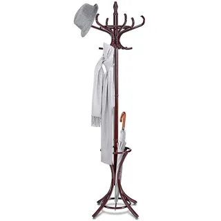 FANTASK 184cm Garderobenständer, Kleiderständer Holz mit Schirmhalter und 12 Kleiderhaken, Jackenständer für Flur, Wohnzimmer und Schlafzimmer (Braun)
