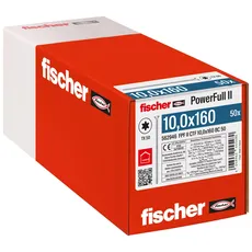 fischer PowerFull II 10,0 x 160, Premium Vollgewindeschraube (50 Stk.) mit innovativer Spitzengeometrie, Stahlschraube für tragende Holzkonstruktionen mit Senkkopf, vermindert Spaltrisiko