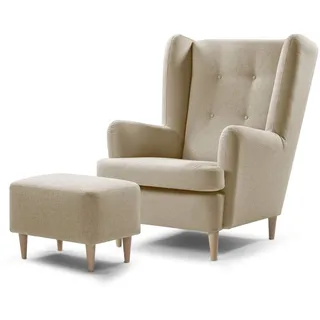 Traumnacht bequemer und moderner Ohrensessel Vincent + Fusshocker, beige