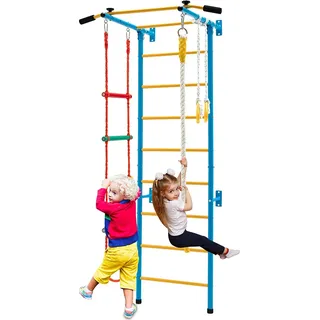 COSTWAY Kinder Kletterwand Sprossenwand Metall, Turnwand Gymnastikgerät Klettergerüst 107x83x223cm, Heimsportgerät für Kinder und Erwachsener bis 100kg (Gelb und Blau) - Blau, Gelb