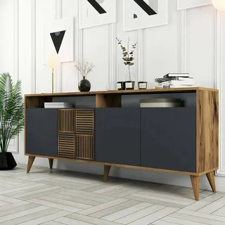 Dmora - Konsolentisch Virgo, Wohnzimmer-Sideboard, niedriger TV-Schrank, ausgestatteter Wandsockel, 180 x 35 h79 cm, Walnuss und Anthrazit