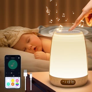 One Fire Nachttischlampe Kinder mit Lichtwecker,APP Nachtlicht Kinder mit Wecker Kinder,RGB+10 Helligkeit Nachttischlampe Touch Dimmbar,14 White Noise Nachtlicht Baby Stilllicht, 3000mAh Akku Lampe