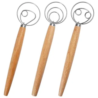3 Stück Dänischer Schneebesen Set, Dänischer Teigbesen Edelstahl mit Holzgriff, Dänische Teig Schneebesen, 13 Zoll Teigrührer mit Edelstahlring für Backen, Brot, Teig, Gebäck, Dessert, Pizzateig