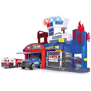 DICKIE Toys – Parkgarage Feuerwehr und Polizei – Parkhaus inkl. 2 Spielzeugautos, mit Aufzug, Blaulicht, Sirene, Löschfunktion, für Kinder ab 3 Jahren