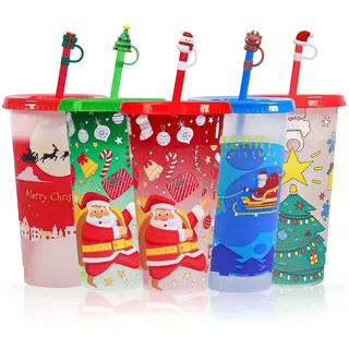 MOJMBSBY 5er Pack weihnachtliche Farbwechselbecher mit Deckel und Strohhalm für die Weihnachtsdekoration, wiederverwendbare Becher für die Weihnachtsfeier, 24 oz