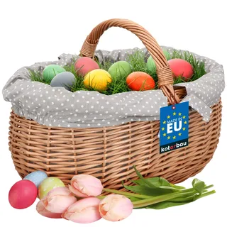 KOTARBAU® Weidenkorb mit Henkel 47x31x32 cm, Einkaufskorb geflochten Weide | Picknickkorb mit Stoffeinlage in Grau, Korb mit Henkel, Pilzkorb, Erntekorb, Lebensmittelecht, Natürlich