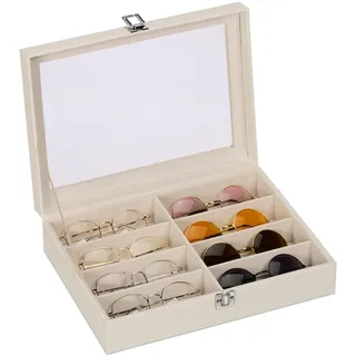 Relaxdays Brillenbox, 8 Brillen, Lederoptik, Samtbezug, Glasfenster, weiß | HxBxT: 8,5 x 33,5 x 24,5 cm, Brillenkoffer