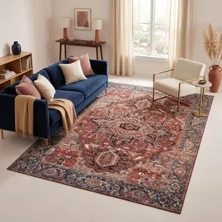 TAPISO Ispahan Teppich Klassisch Vintage Blumen Dunkelrot Blau 80 x 150 cm | bedruckter Teppich mit Antirutsch Wohnzimmer Schlafzimmer Oeko-Tex