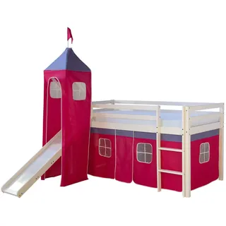 Homestyle4u Hochbett Spielbett 90 x 200 cm Kiefer massiv lackiert pink-weiß