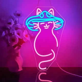Looklight Pilz-Katzen-Neonschild blau-rosa LED-Neonschilder niedliche Katzen-Neonlichter USB dimmbar Katzen-Neonschilder für Bar Schlafzimmer Kinderzimmer Party Weihnachten Geburtstag Kunstgeschenk