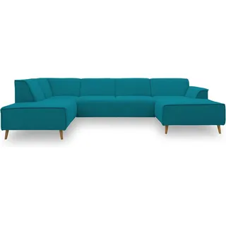 DOMO. collection Wohnlandschaft Jules FK, skandinavisches Sofa mit Federkern, Couch in U-Form mit Holzfüßen, 333 x 191 x 81 cm (BxTxH), Longchair rechts, türkis