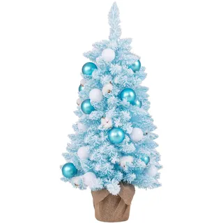 COSTWAY 90 cm Mini künstlicher Weihnachtsbaum Tisch, Tannenbaum klein mit Schnee & Zementbasis, Chirstbaum mit 136 Spitzen, 12 Wattekugeln & 24 Kugeln, Kunstbaum Dekobaum für Zuhause Büro (Blau)