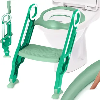 KIDIZ® Kinder Toilettensitz Toilettentrainer mit Treppe und Griffe Faltbar Kindertoilette WC Sitz Töpfchentrainer Lerntöpfchen bequemem Kissen und breiten Stufen Toilettentreppe höhenverstellbar - Grün