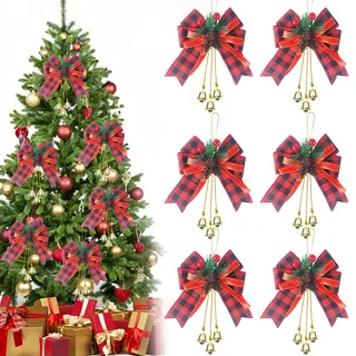 6 Stück Rote Schleifen Weihnachten, Weihnachtsbaum Deko, Schleifen Weihnachtsbaum mit Tannenzapfen Glöckchen, Hängende Weihnachtsschleifen für Geschenkverpackung, Girlande, Kamin Deko
