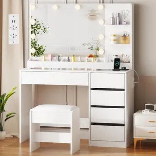 Schminktisch mit LED Beleuchtung und Hocker, Glasplatte, Steckdosen, Großer Spiegel, 5 Schubladen, Offene Regale, Modern Weiß