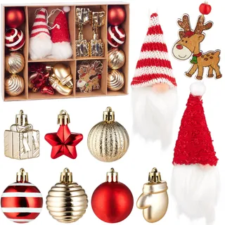 BRUBAKER 24 Stück Christbaumschmuck Gold und Rot - Weihnachtskugel Set mit Wichtel Zwergen, Geschenken, Sternen, Handschuhen und Rentier Anhänger aus Holz und gemusterte Baumkugeln - Baumschmuck