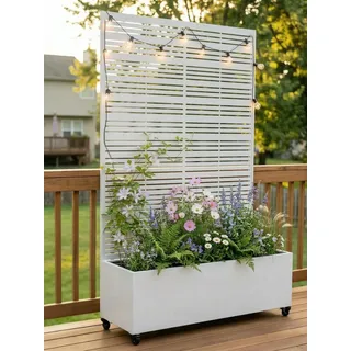 Hochbeet mit Sichtschutz, Metall Pflanzkasten mit Rankgitter und Rollen, freistehender Pflanzkübel 33cm tief, wetterfest für Blumen und Kletterpflanzen - Ideal für Garten, Balkon und Terrasse (Weiß)