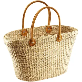 Kobolo Korbtasche Einkaufstasche Flechttasche Strandtasche Seegrastasche natur Ledergriffe - Damentasche Taschen mit Henkel Handtaschen Shopper Beutel - Braun