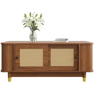Urban Meuble Couchtisch nussbaum-optik & rattan schiebetüren & abgerundete ecken , Walnussfarben , Holzwerkstoff , Rechteckig , 100x42x50 cm , Wohnzimmer, Wohnzimmertische, Couchtische