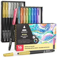 ARTEZA Metallische echte Pinselstifte, 16 Farben, mischbare Aquarell-Marker, flüssige Tinte, Kunstzubehör für Beschriftungen, Kalligraphie und Scrapbooking