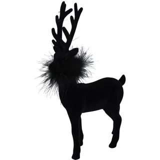 Miss Lovely Hirsch Dekofigur Weihnachten – schwarz – 28,5 cm hoch – Samtoptik – Weihnachtsdeko Rentier aus Kunststoff mit Federn (Schwarz Federboa)